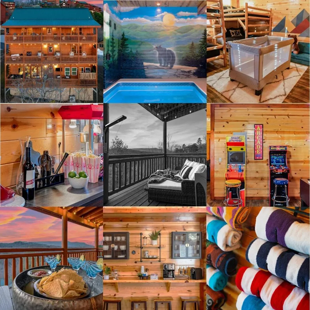 New Luxury Newly Furnished Sleeps 20 Stunning View Heated Indoor Pool With New Mural Arcade Games Theater And Karaoke Pigeon Forge